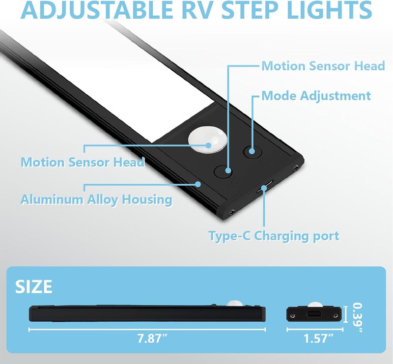 Rvhouse مصابيح خطوات RV تعمل بالحركة - عبوة 2، قابلة لإعادة الشحن عبر USB، 48 LED، مصابيح تخييم، قابلة للتعديل بـ 3 ألوان للسفر في المنزل المتنقل، مقطورات السفر، المخيم (أسود) - Image 2